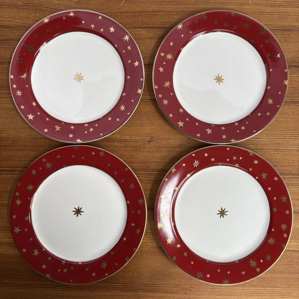 Set of 4 Sakura Fine Porcelain Galaxy RedSalad Plates 14k Gold Stars 6.25"